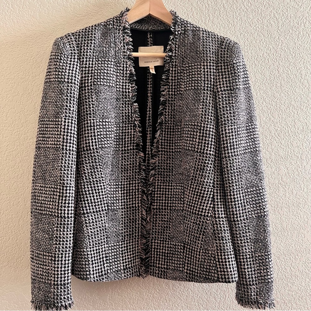 Rebecca Taylor Patchwork Houndstooth Fringe Trim Jacket Size 2 - Picture 2 of 10